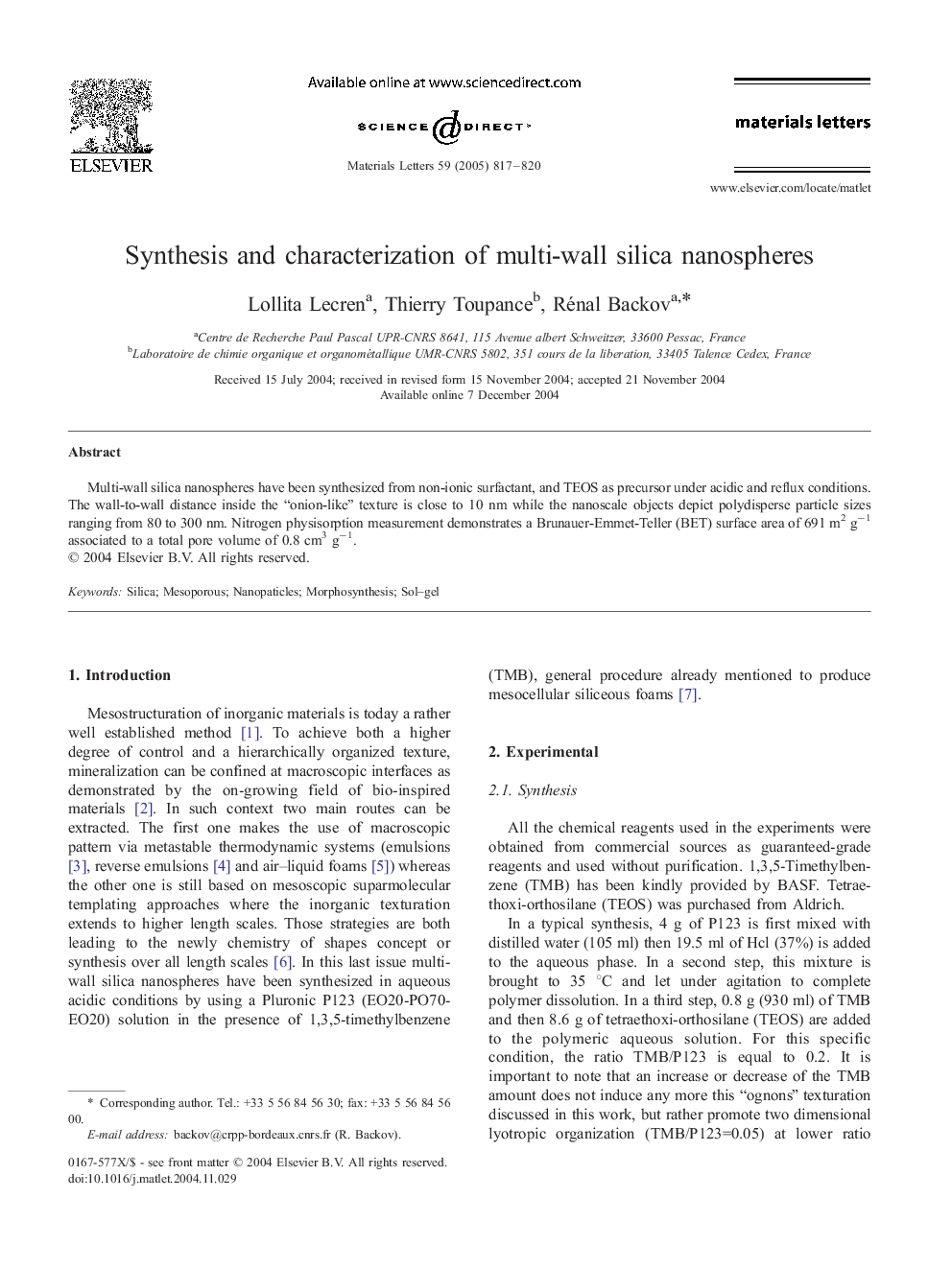 Synthesis and characterization of multi-wall silica nanospheres