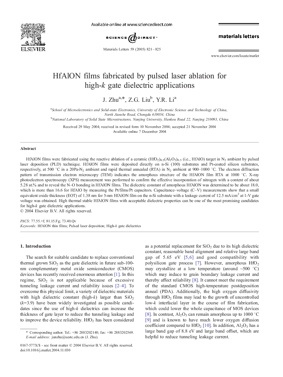 HfAlON films fabricated by pulsed laser ablation for high-k gate dielectric applications