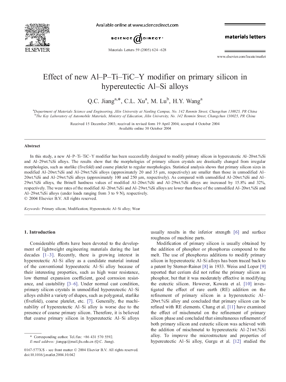 Effect of new Al-P-Ti-TiC-Y modifier on primary silicon in hypereutectic Al-Si alloys