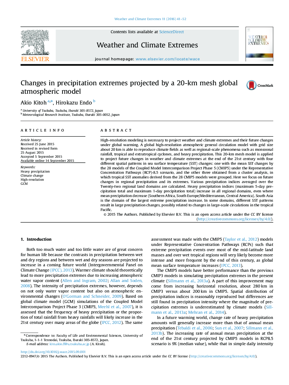 Changes in precipitation extremes projected by a 20-km mesh global atmospheric model