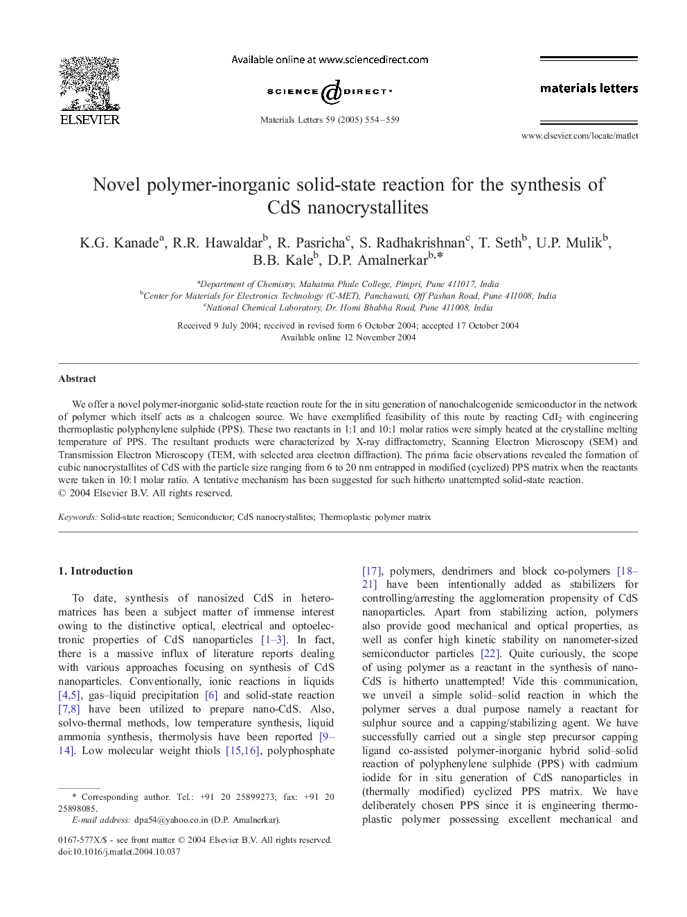 Novel polymer-inorganic solid-state reaction for the synthesis of CdS nanocrystallites