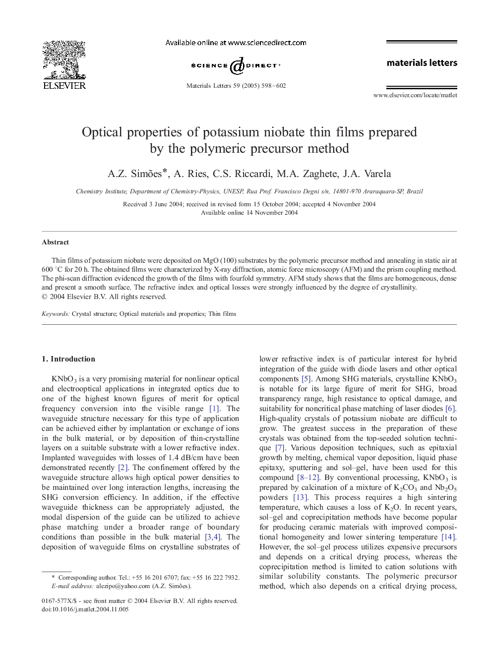Optical properties of potassium niobate thin films prepared by the polymeric precursor method