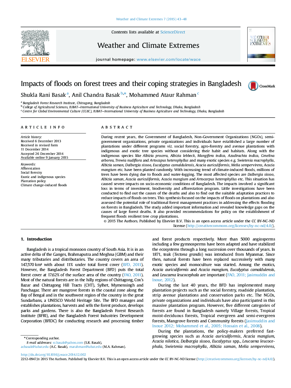 Impacts of floods on forest trees and their coping strategies in Bangladesh