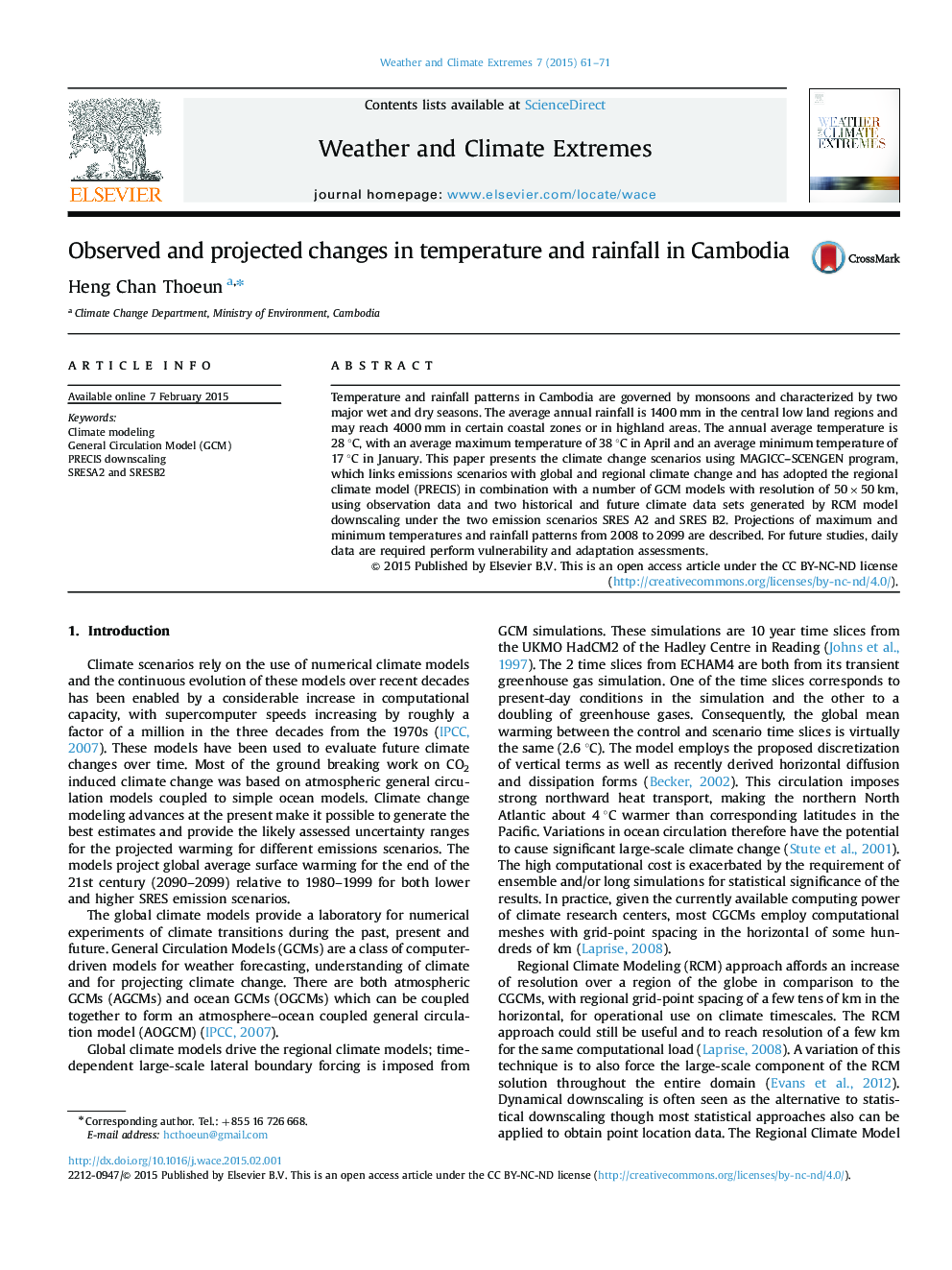 Observed and projected changes in temperature and rainfall in Cambodia