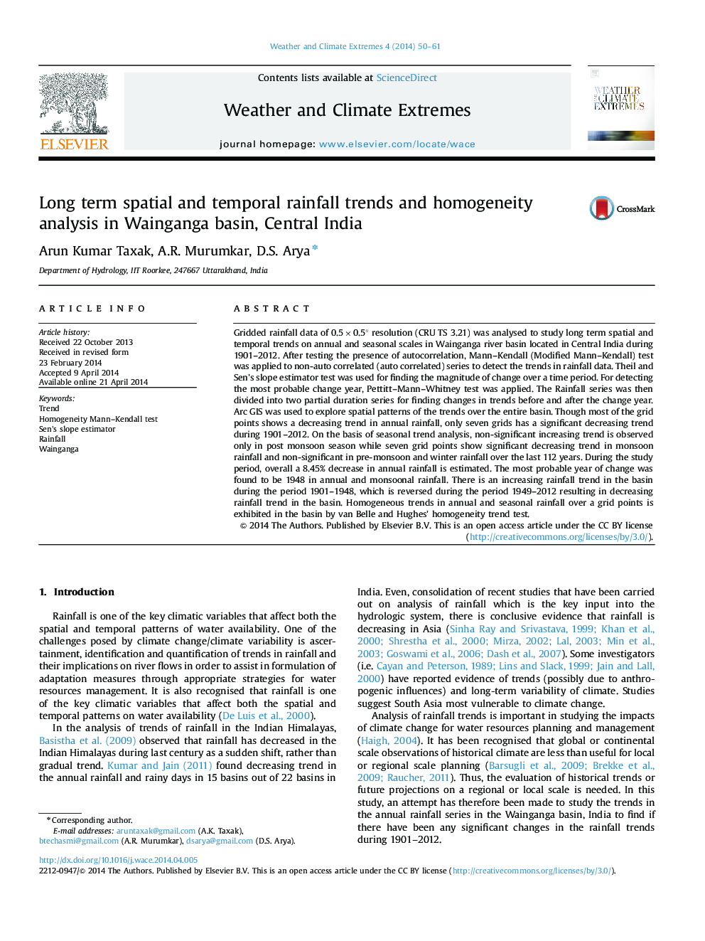 Long term spatial and temporal rainfall trends and homogeneity analysis in Wainganga basin, Central India