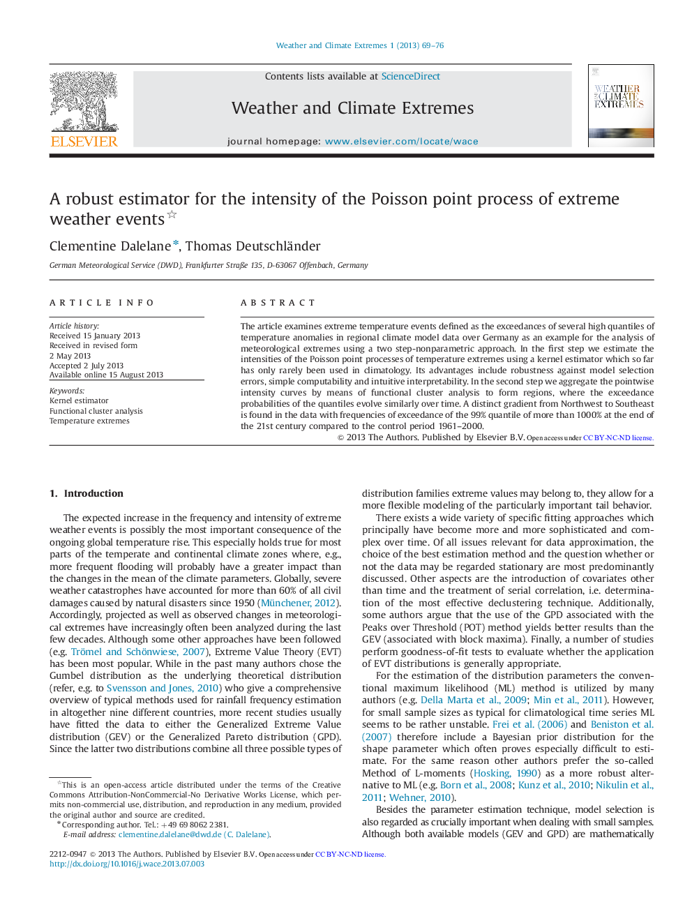 A robust estimator for the intensity of the Poisson point process of extreme weather events 