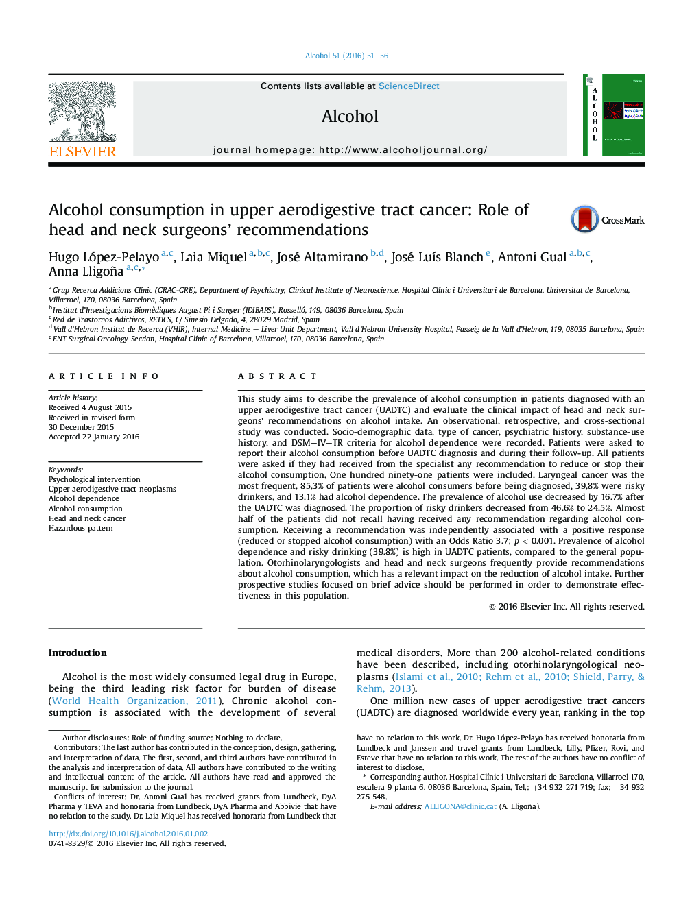 Alcohol consumption in upper aerodigestive tract cancer: Role of head and neck surgeons' recommendations 