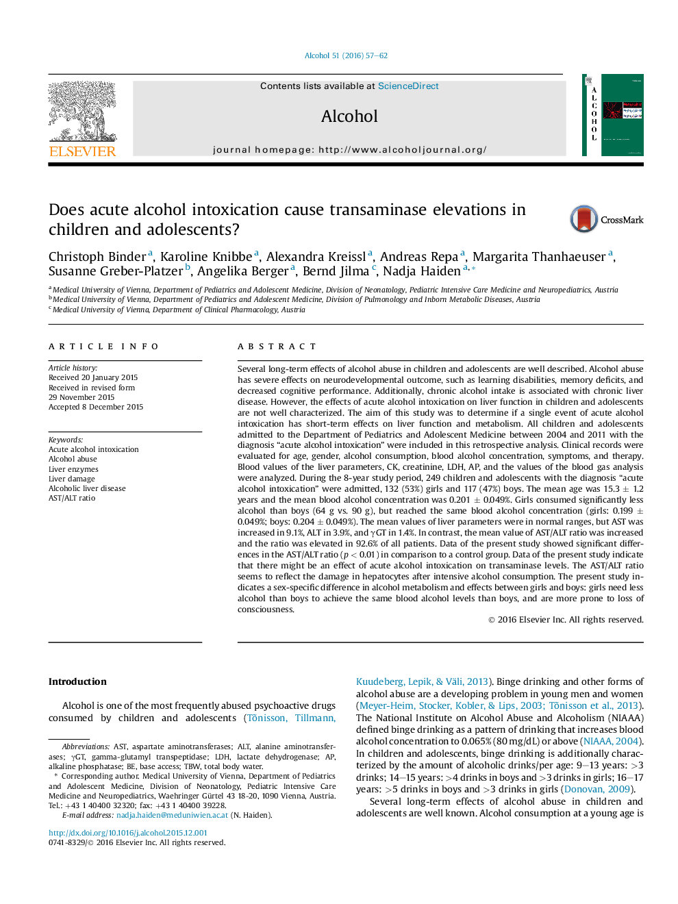 Does acute alcohol intoxication cause transaminase elevations in children and adolescents?