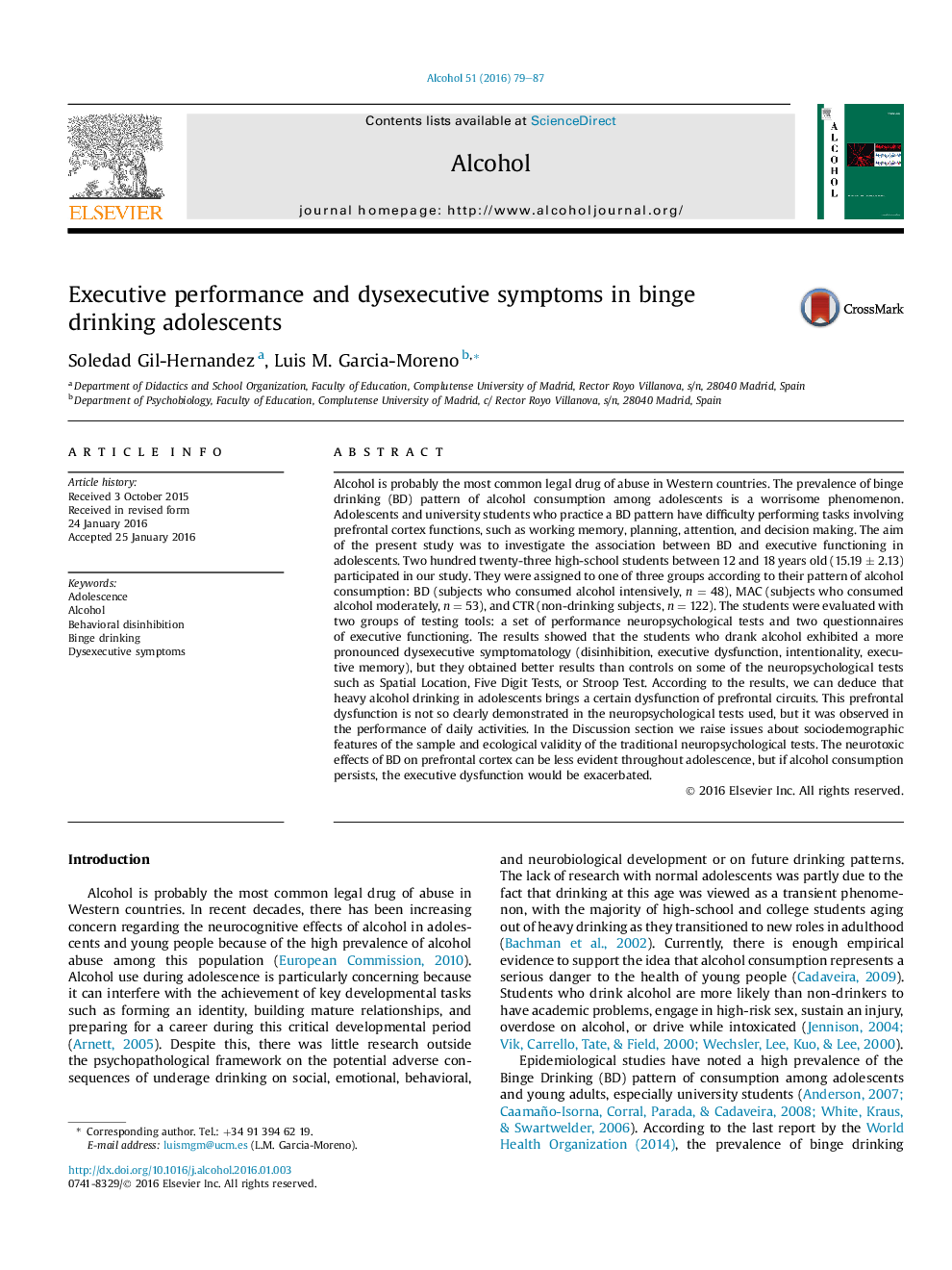 Executive performance and dysexecutive symptoms in binge drinking adolescents