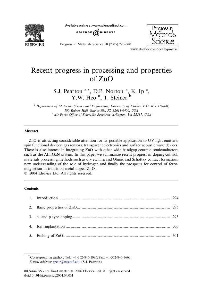 Recent progress in processing and properties of ZnO