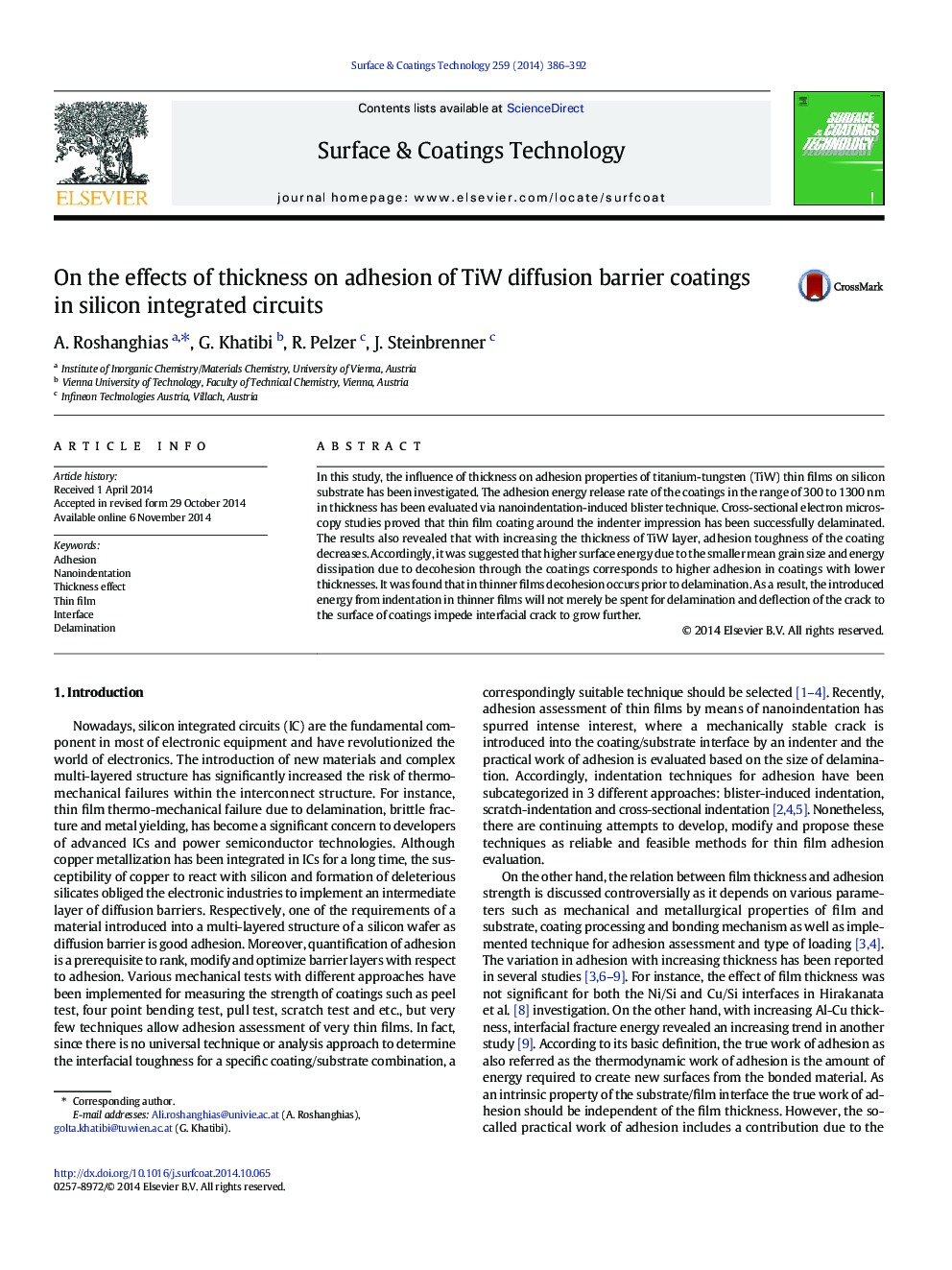 On the effects of thickness on adhesion of TiW diffusion barrier coatings in silicon integrated circuits