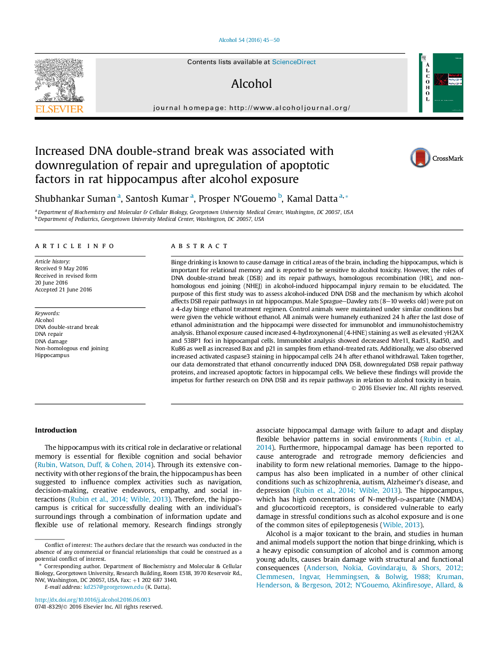 Increased DNA double-strand break was associated with downregulation of repair and upregulation of apoptotic factors in rat hippocampus after alcohol exposure 