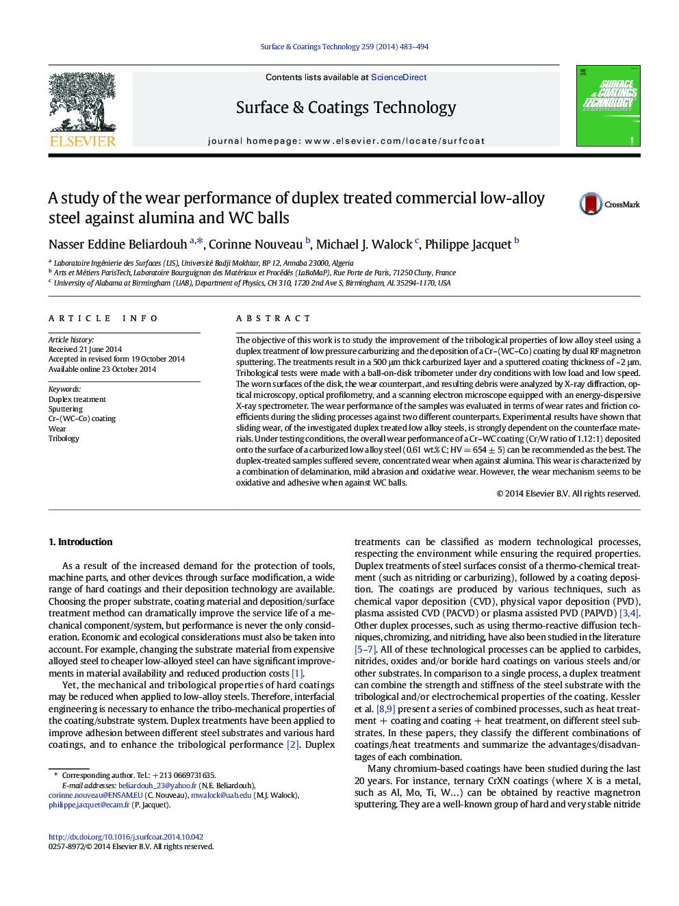 A study of the wear performance of duplex treated commercial low-alloy steel against alumina and WC balls