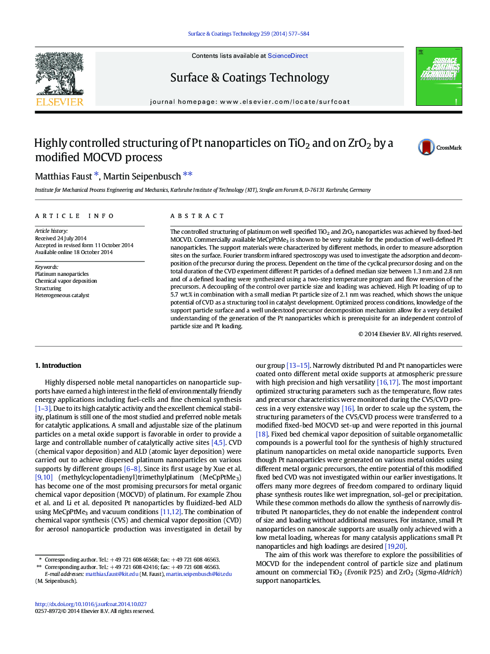 Highly controlled structuring of Pt nanoparticles on TiO2 and on ZrO2 by a modified MOCVD process