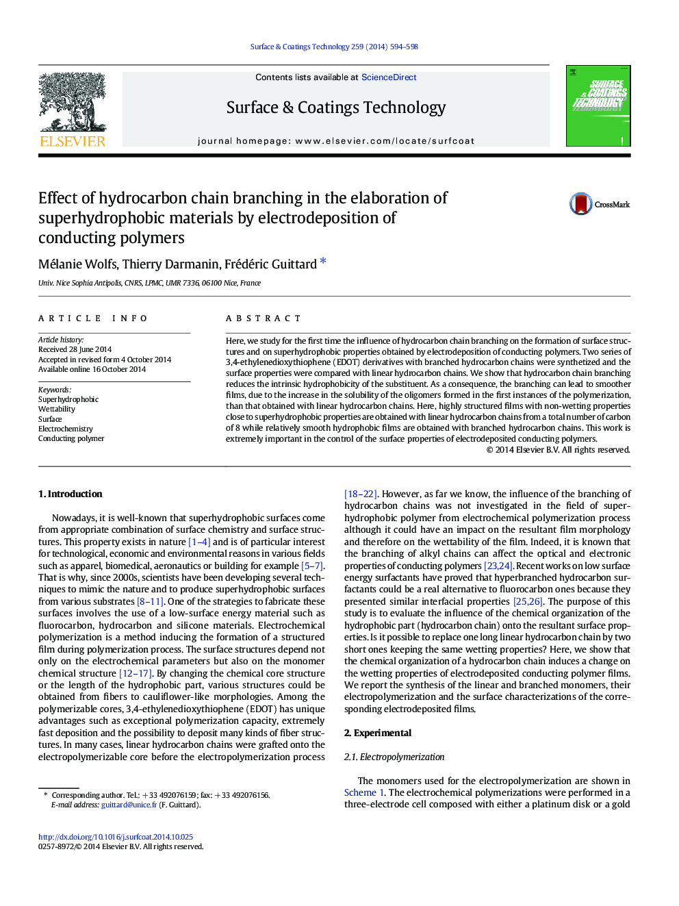 Effect of hydrocarbon chain branching in the elaboration of superhydrophobic materials by electrodeposition of conducting polymers