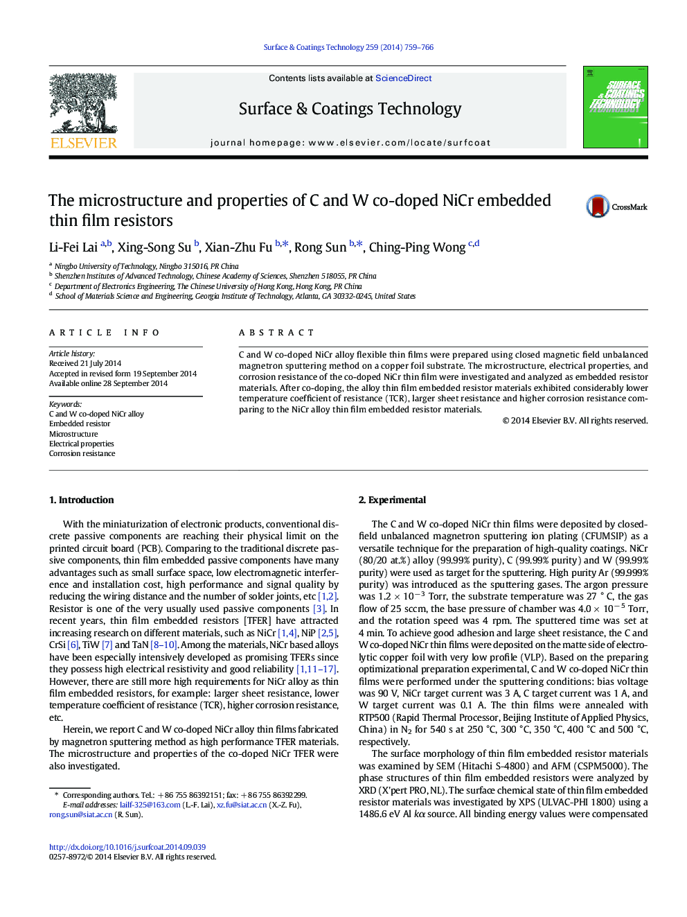 The microstructure and properties of C and W co-doped NiCr embedded thin film resistors