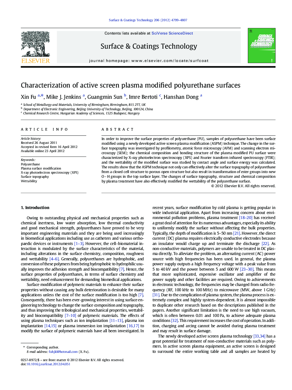 Characterization of active screen plasma modified polyurethane surfaces