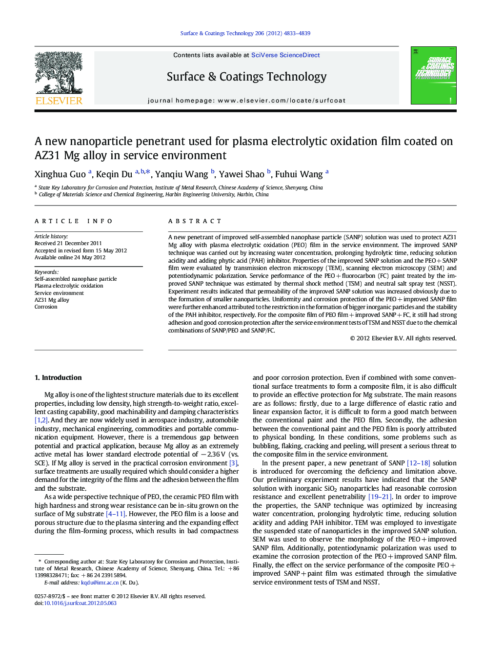 A new nanoparticle penetrant used for plasma electrolytic oxidation film coated on AZ31 Mg alloy in service environment