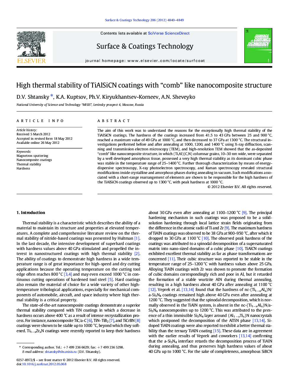 High thermal stability of TiAlSiCN coatings with “comb” like nanocomposite structure