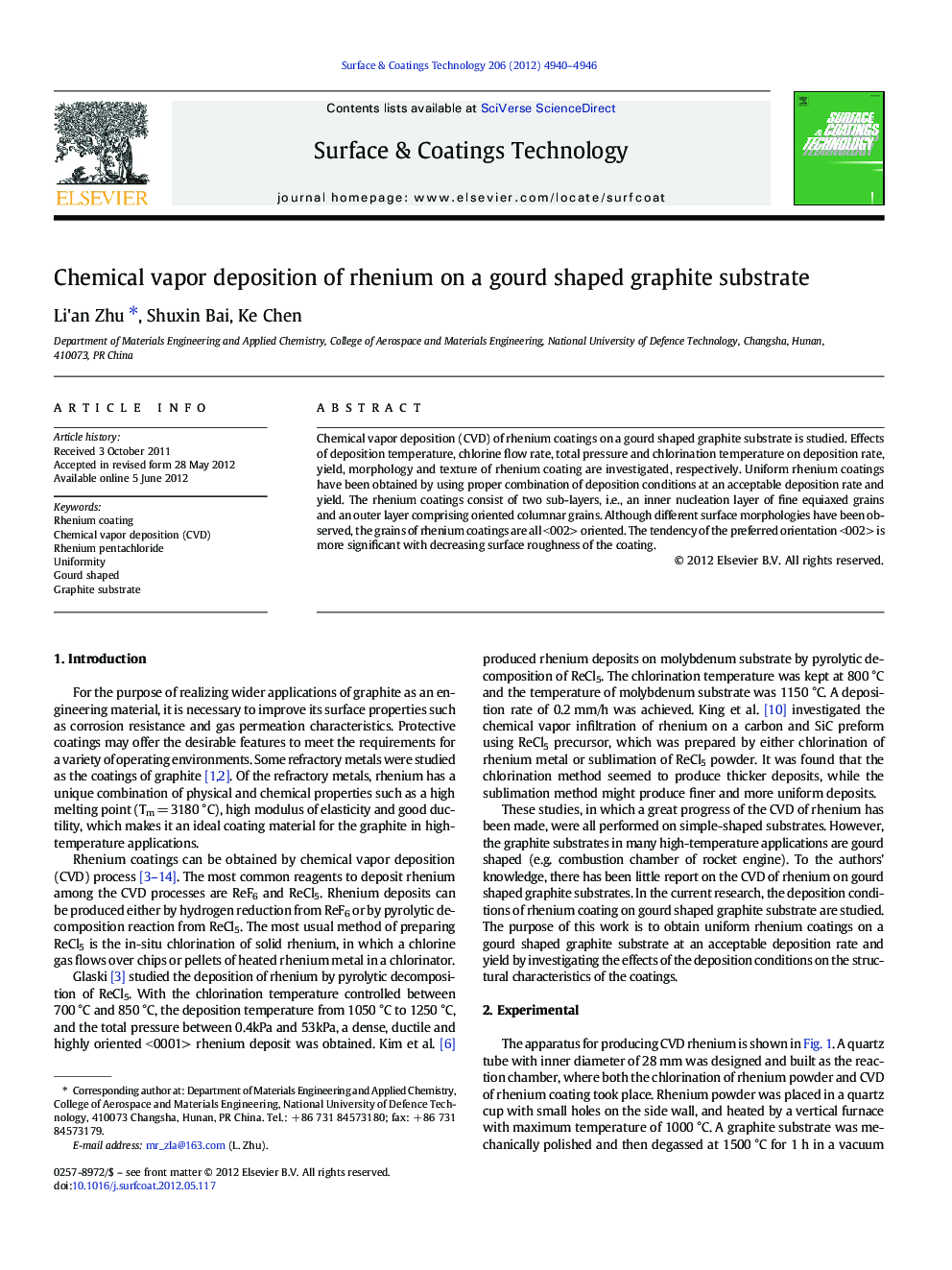 Chemical vapor deposition of rhenium on a gourd shaped graphite substrate