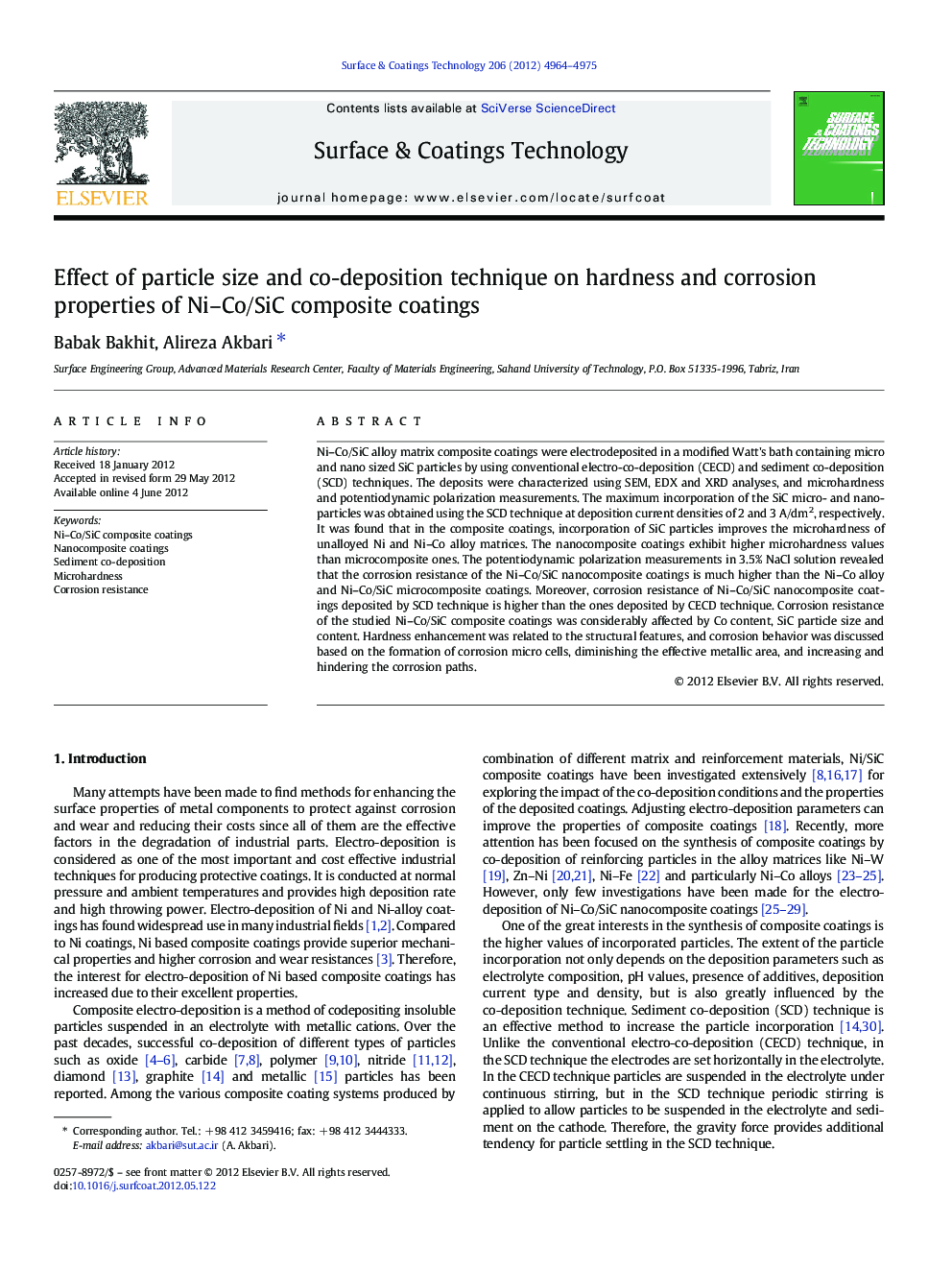 Effect of particle size and co-deposition technique on hardness and corrosion properties of Ni-Co/SiC composite coatings