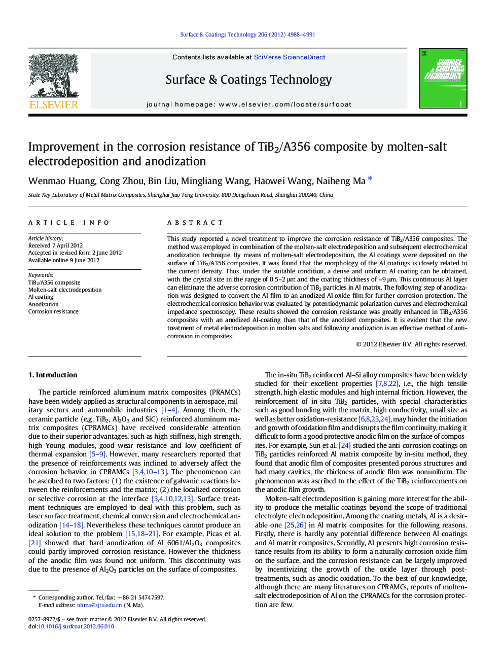 Improvement in the corrosion resistance of TiB2/A356 composite by molten-salt electrodeposition and anodization