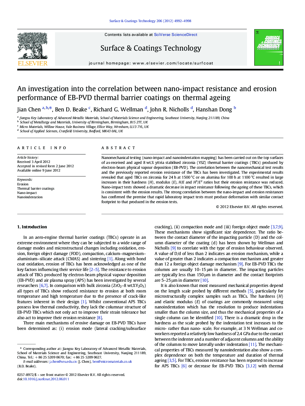 An investigation into the correlation between nano-impact resistance and erosion performance of EB-PVD thermal barrier coatings on thermal ageing