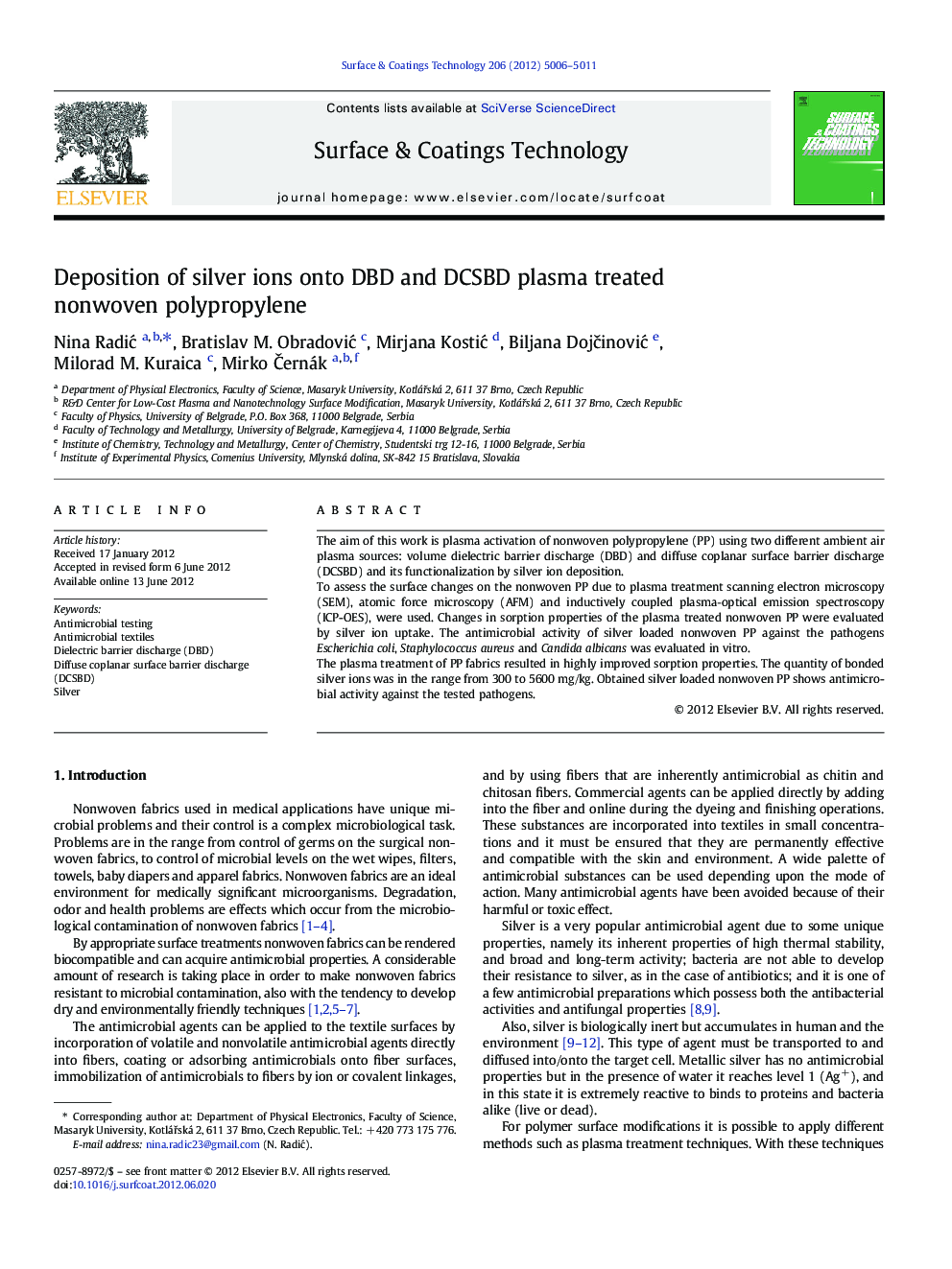 Deposition of silver ions onto DBD and DCSBD plasma treated nonwoven polypropylene
