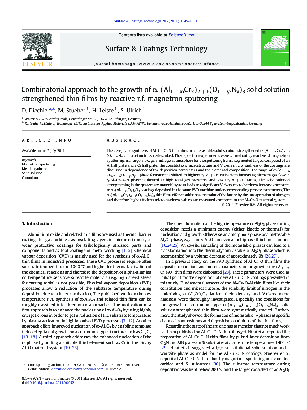 Combinatorial approach to the growth of Î±-(Al1Â âÂ x,Crx)2Â +Â Î´(O1Â âÂ y,Ny)3 solid solution strengthened thin films by reactive r.f. magnetron sputtering