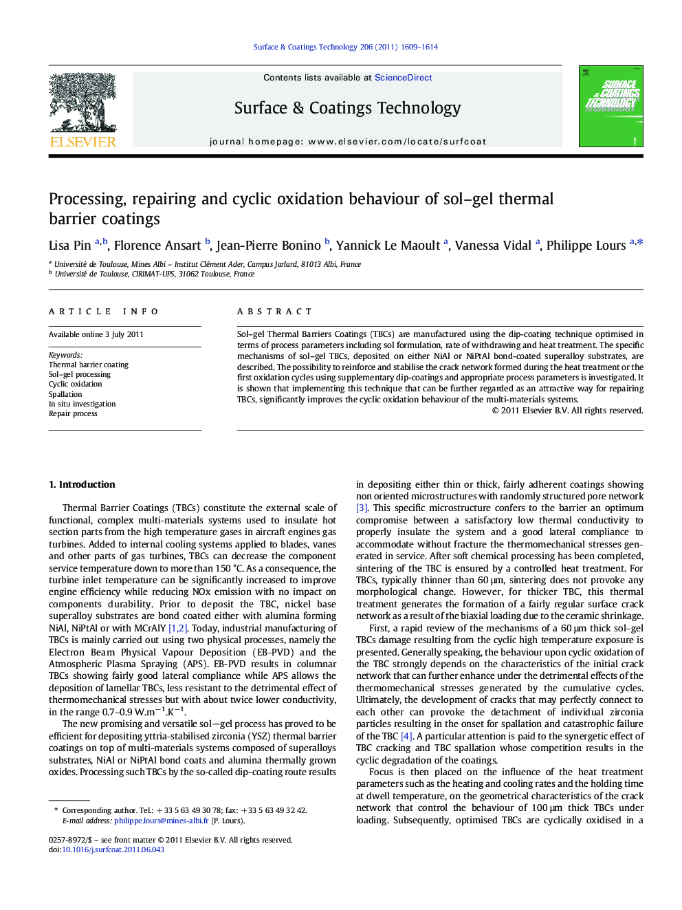 Processing, repairing and cyclic oxidation behaviour of sol-gel thermal barrier coatings