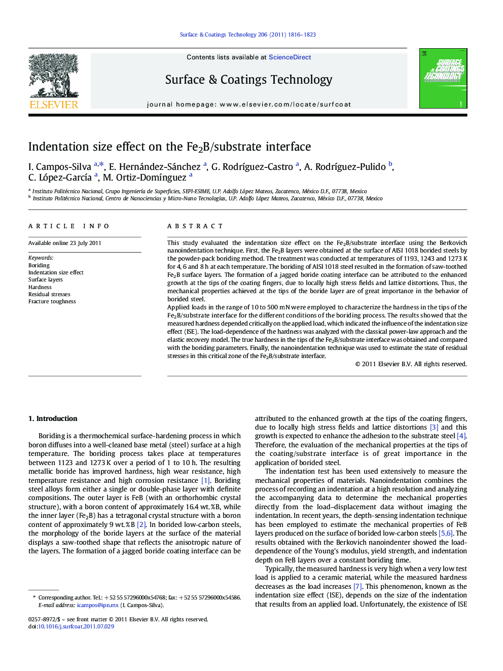 Indentation size effect on the Fe2B/substrate interface