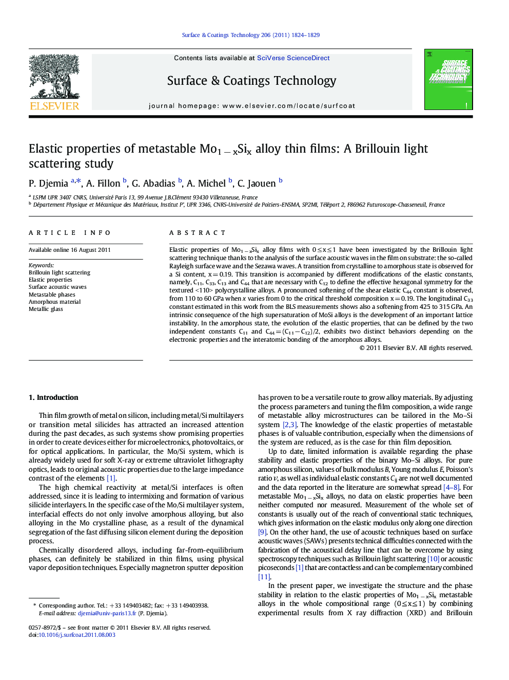 Elastic properties of metastable Mo1Â âÂ xSix alloy thin films: A Brillouin light scattering study