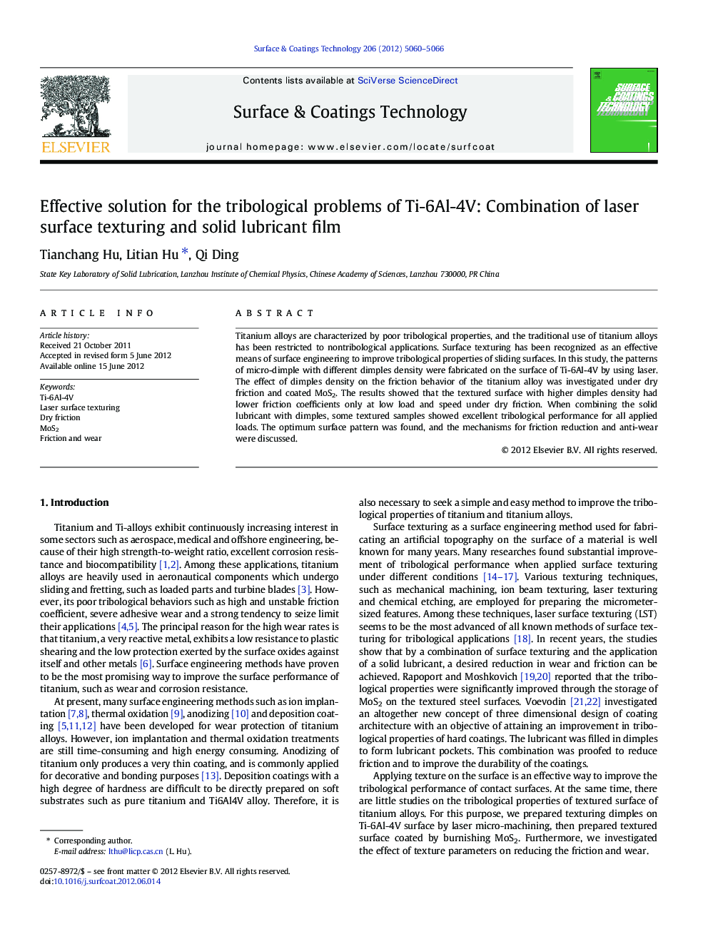 Effective solution for the tribological problems of Ti-6Al-4V: Combination of laser surface texturing and solid lubricant film