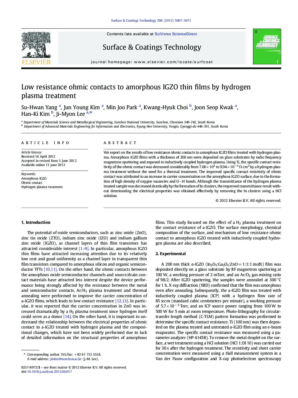 عکس صفحه اول مقاله: Low resistance ohmic contacts to amorphous IGZO thin films by hydrogen plasma treatment Low resistance ohmic contacts to amorphous IGZO thin films by hydrogen plasma treatment