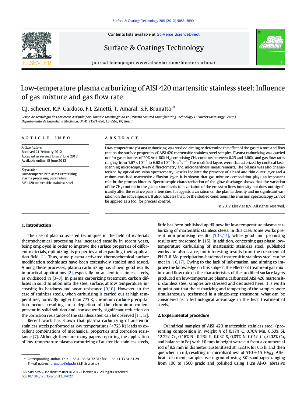 Low-temperature plasma carburizing of AISI 420 martensitic stainless steel: Influence of gas mixture and gas flow rate