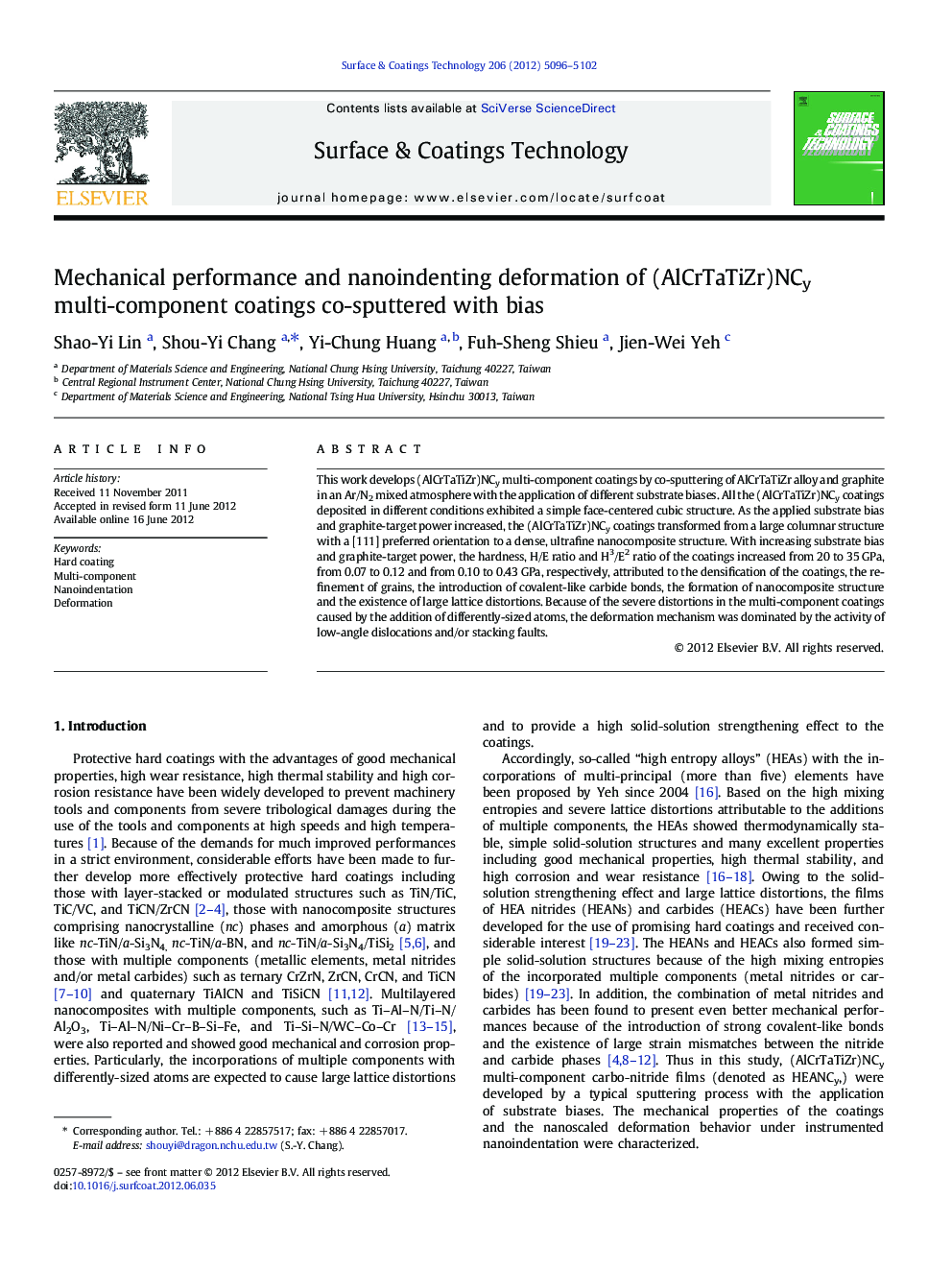 Mechanical performance and nanoindenting deformation of (AlCrTaTiZr)NCy multi-component coatings co-sputtered with bias