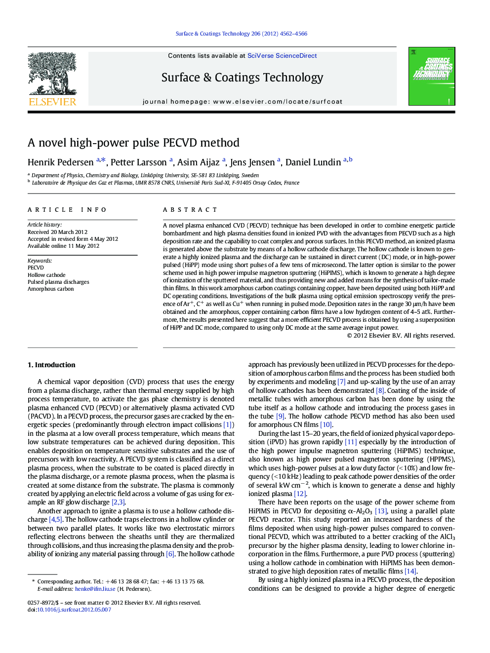 A novel high-power pulse PECVD method