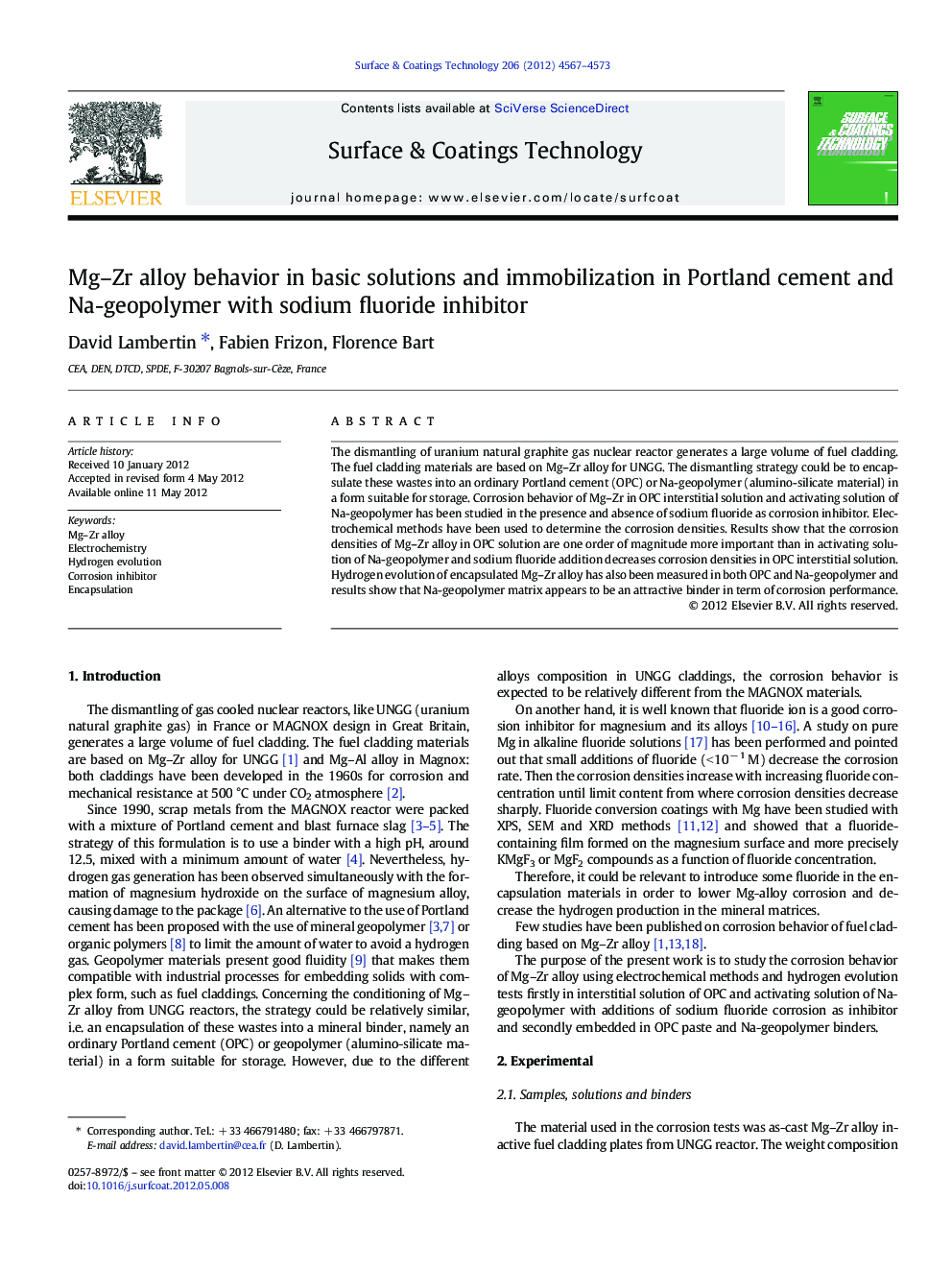 Mg-Zr alloy behavior in basic solutions and immobilization in Portland cement and Na-geopolymer with sodium fluoride inhibitor