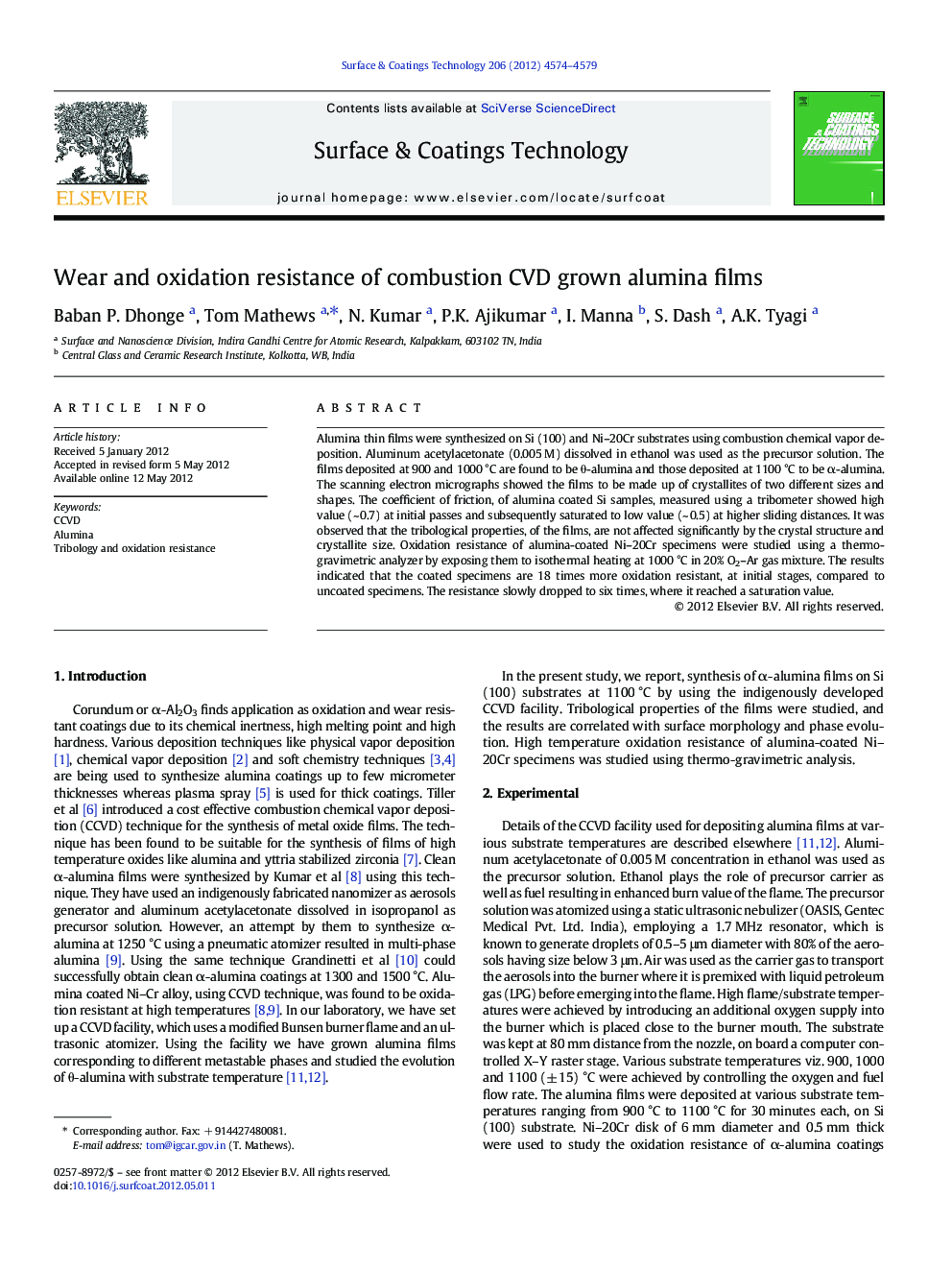 Wear and oxidation resistance of combustion CVD grown alumina films