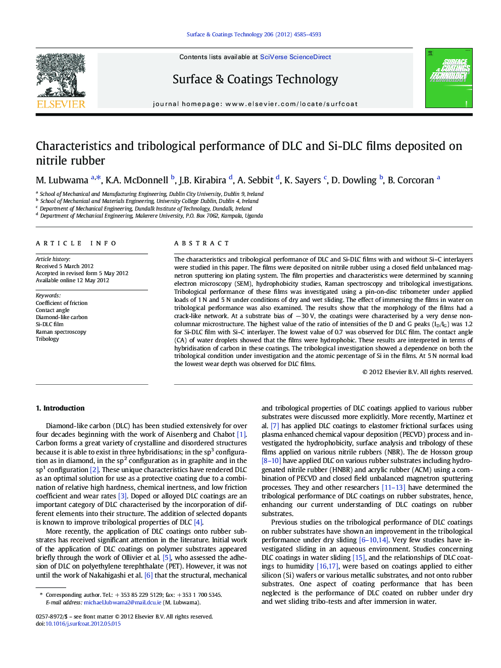 Characteristics and tribological performance of DLC and Si-DLC films deposited on nitrile rubber