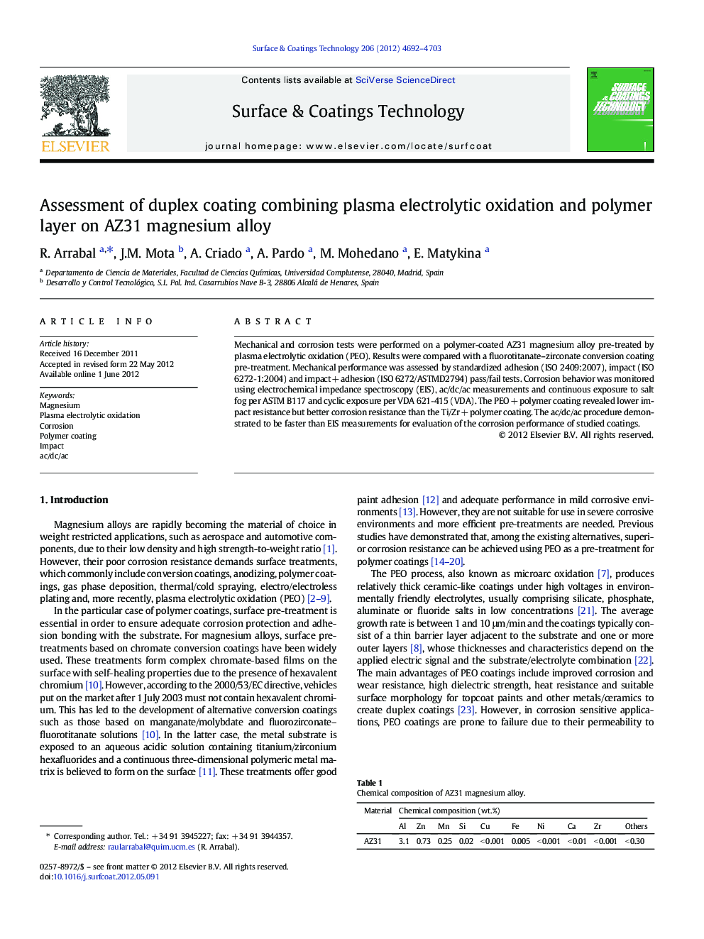 Assessment of duplex coating combining plasma electrolytic oxidation and polymer layer on AZ31 magnesium alloy