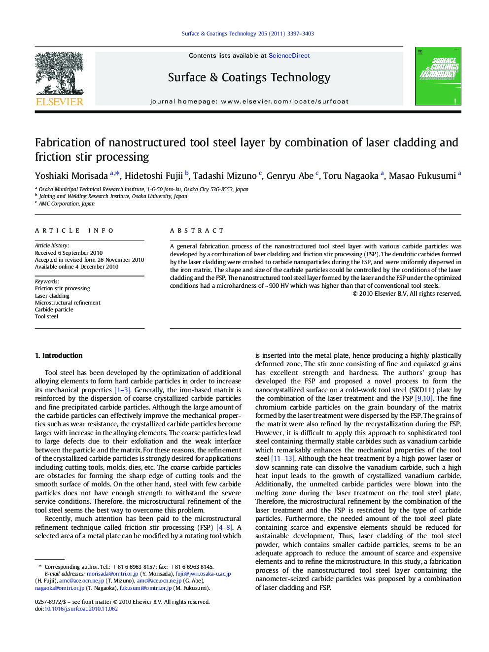 Fabrication of nanostructured tool steel layer by combination of laser cladding and friction stir processing