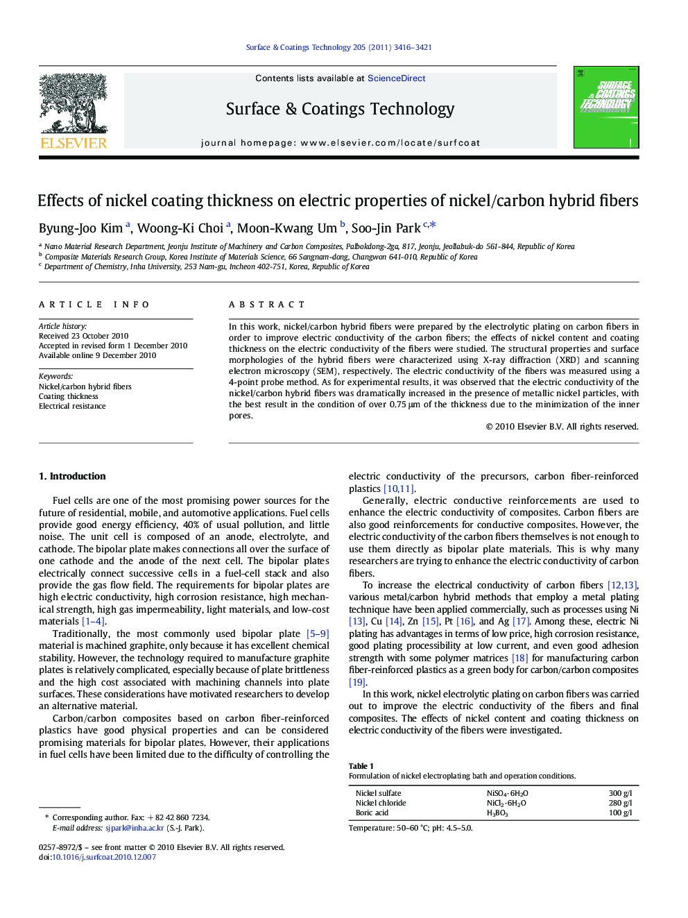 Effects of nickel coating thickness on electric properties of nickel/carbon hybrid fibers