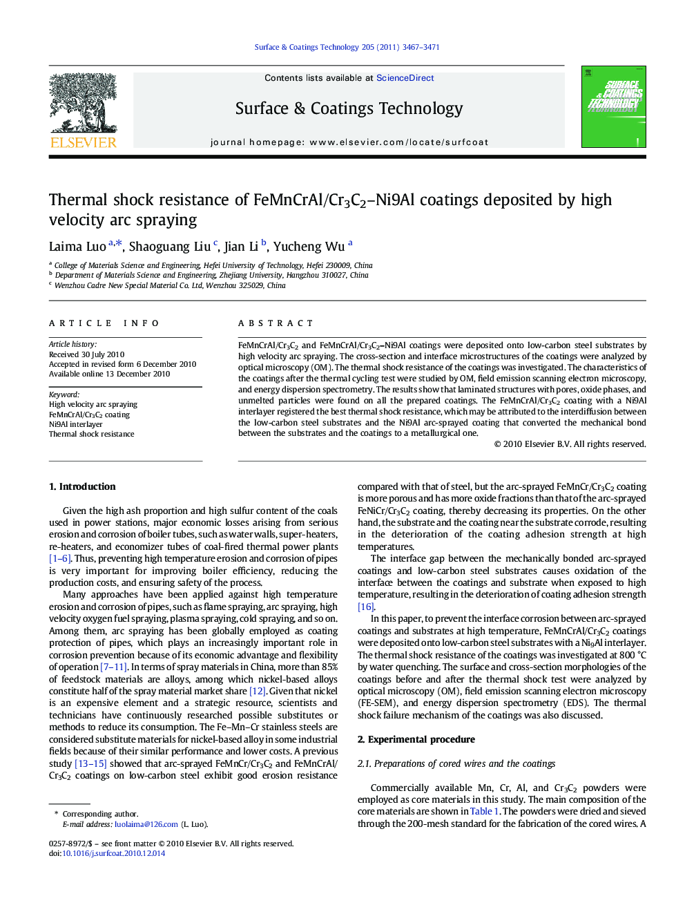 Thermal shock resistance of FeMnCrAl/Cr3C2-Ni9Al coatings deposited by high velocity arc spraying