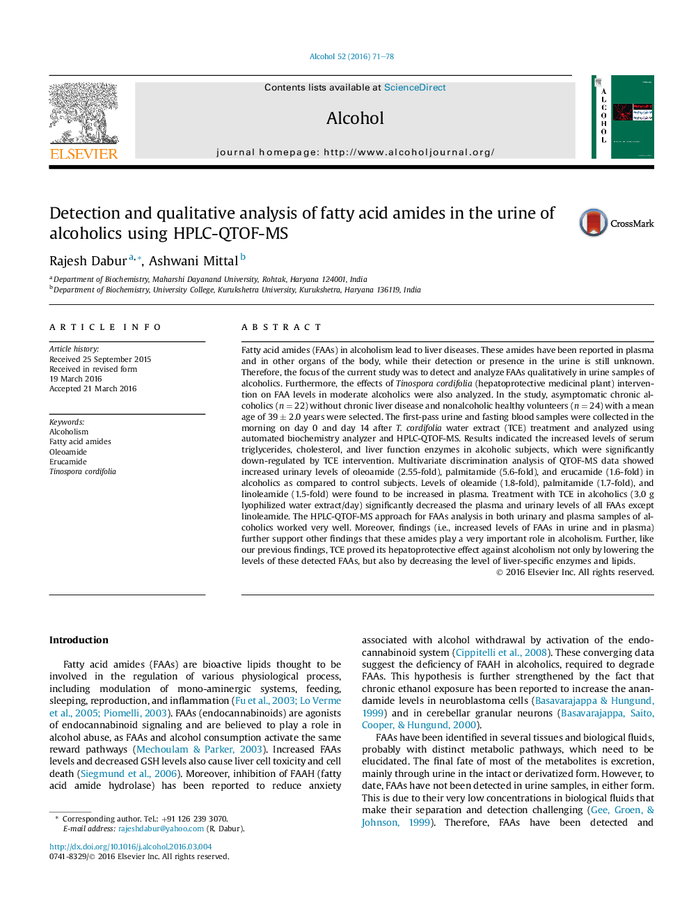 Detection and qualitative analysis of fatty acid amides in the urine of alcoholics using HPLC-QTOF-MS