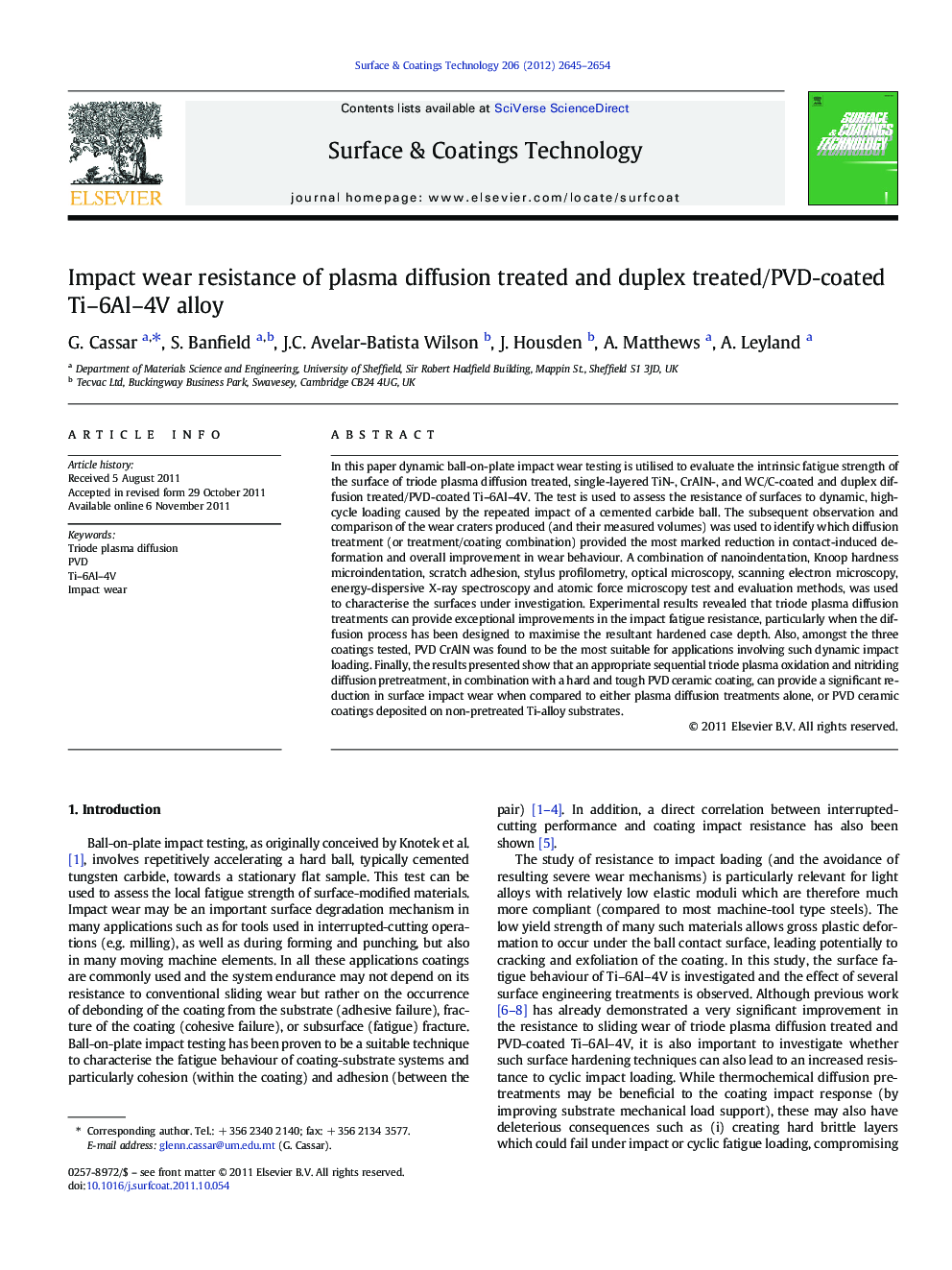 Impact wear resistance of plasma diffusion treated and duplex treated/PVD-coated Ti-6Al-4V alloy