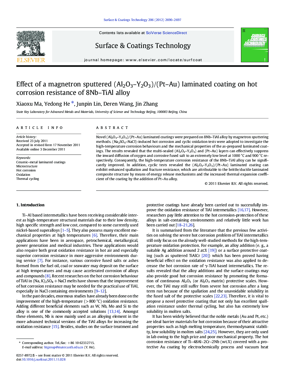 Effect of a magnetron sputtered (Al2O3-Y2O3)/(Pt-Au) laminated coating on hot corrosion resistance of 8Nb-TiAl alloy