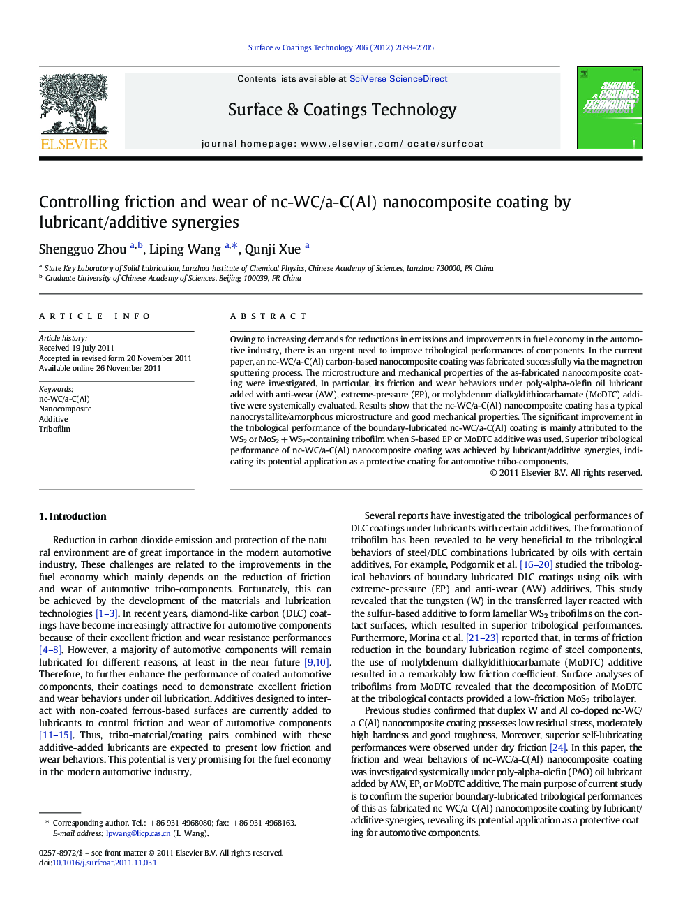 Controlling friction and wear of nc-WC/a-C(Al) nanocomposite coating by lubricant/additive synergies