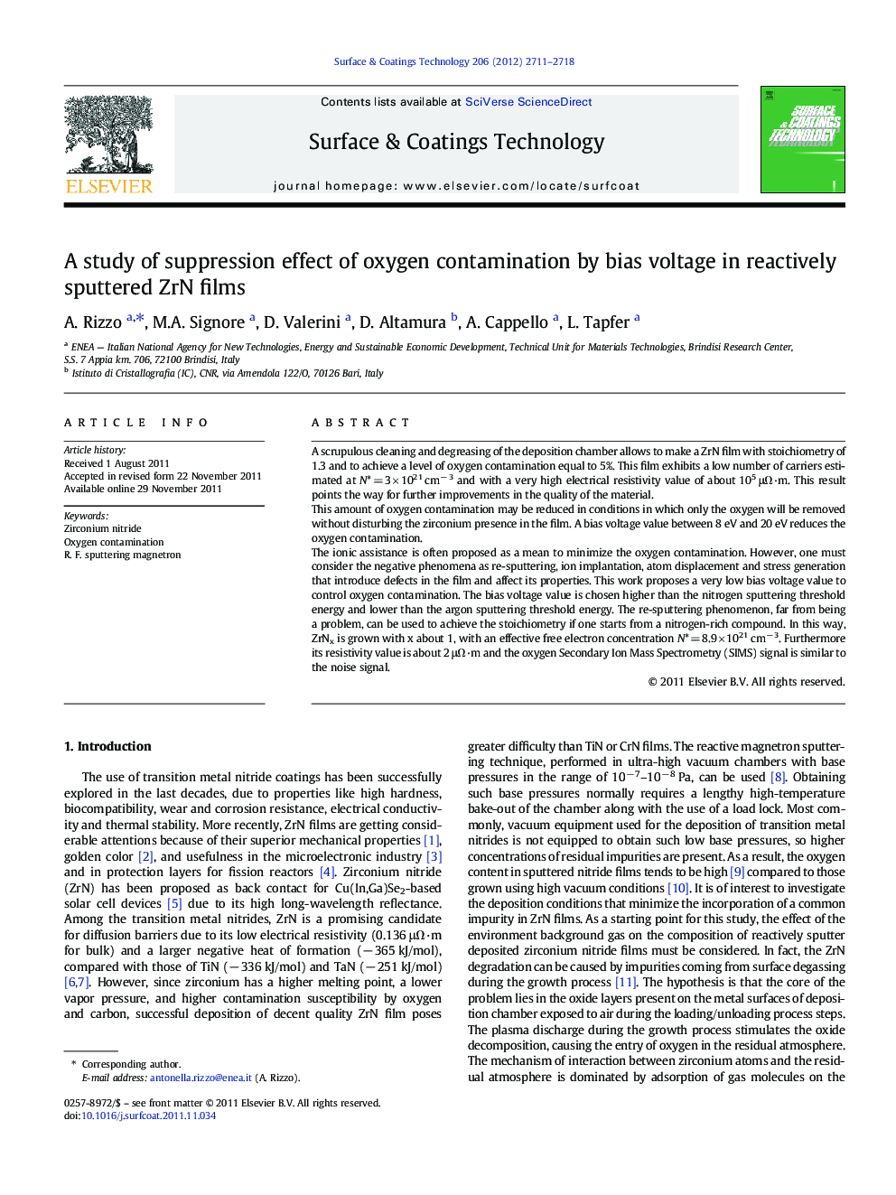 A study of suppression effect of oxygen contamination by bias voltage in reactively sputtered ZrN films