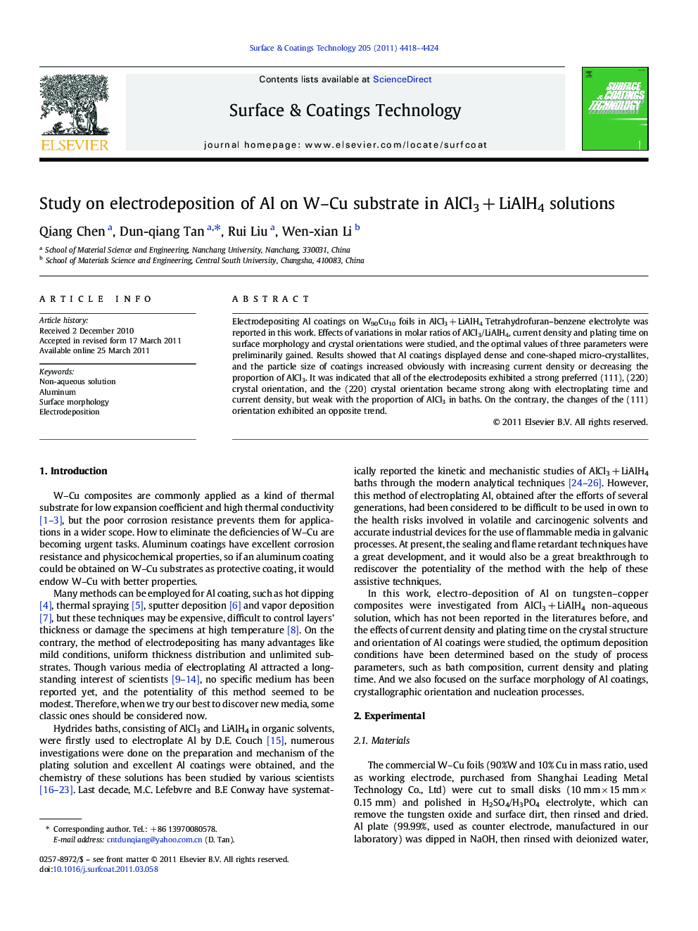 Study on electrodeposition of Al on W-Cu substrate in AlCl3Â +Â LiAlH4 solutions